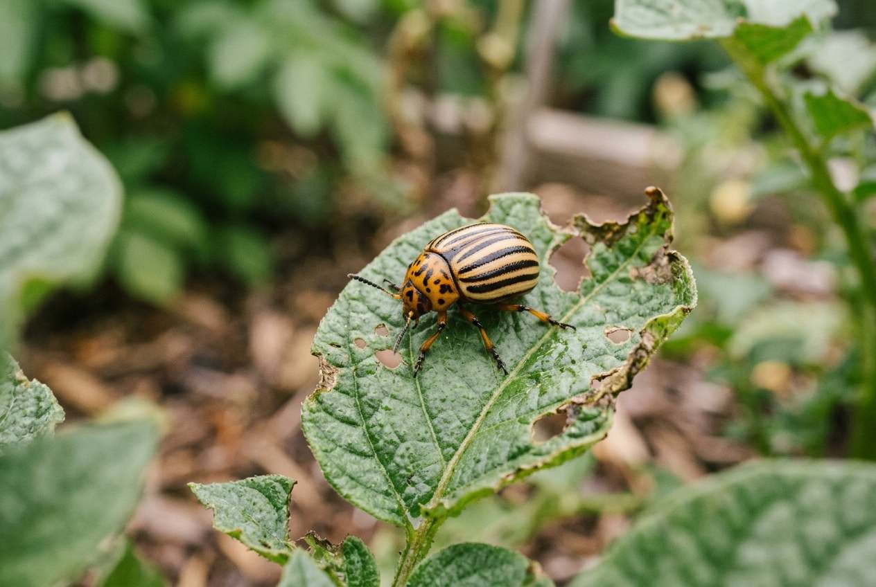 Ein gelb-schwarz gestreifter Kartoffelkäfer sitzt auf einem grünen Kartoffelblatt mit leichten Fraßspuren