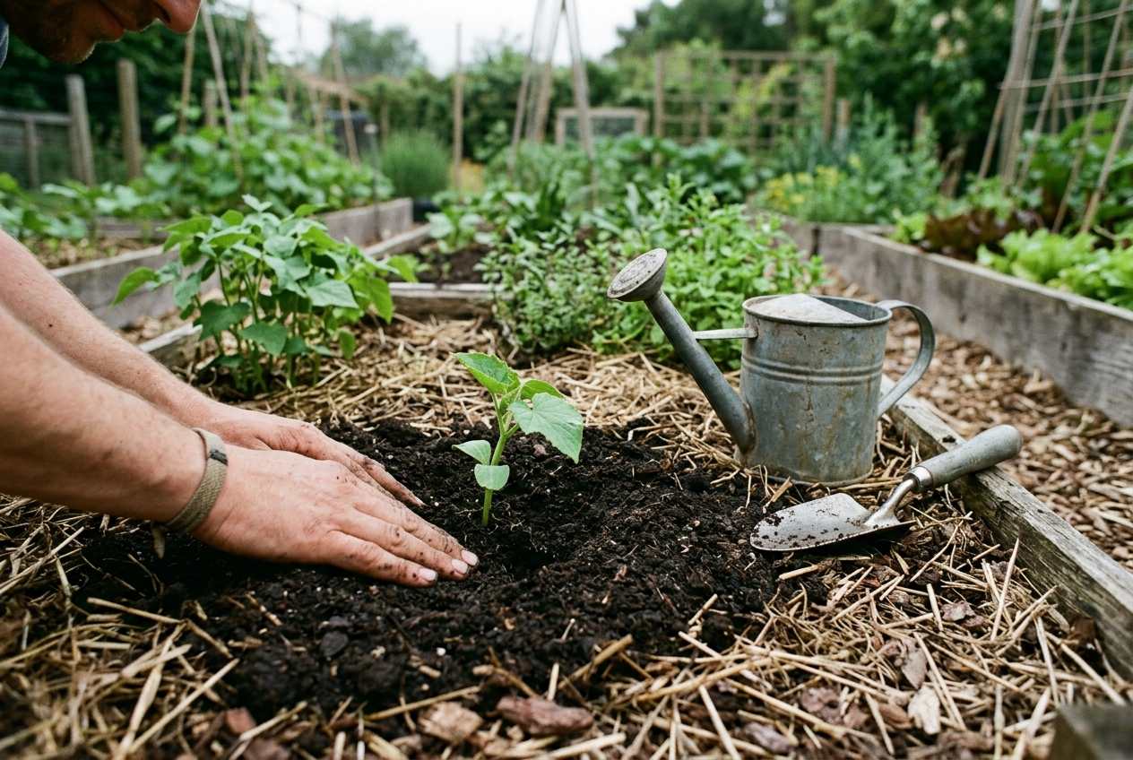 Hände setzen eine junge Gurkenpflanze in ein vorbereitetes Pflanzloch im Gemüsebeet