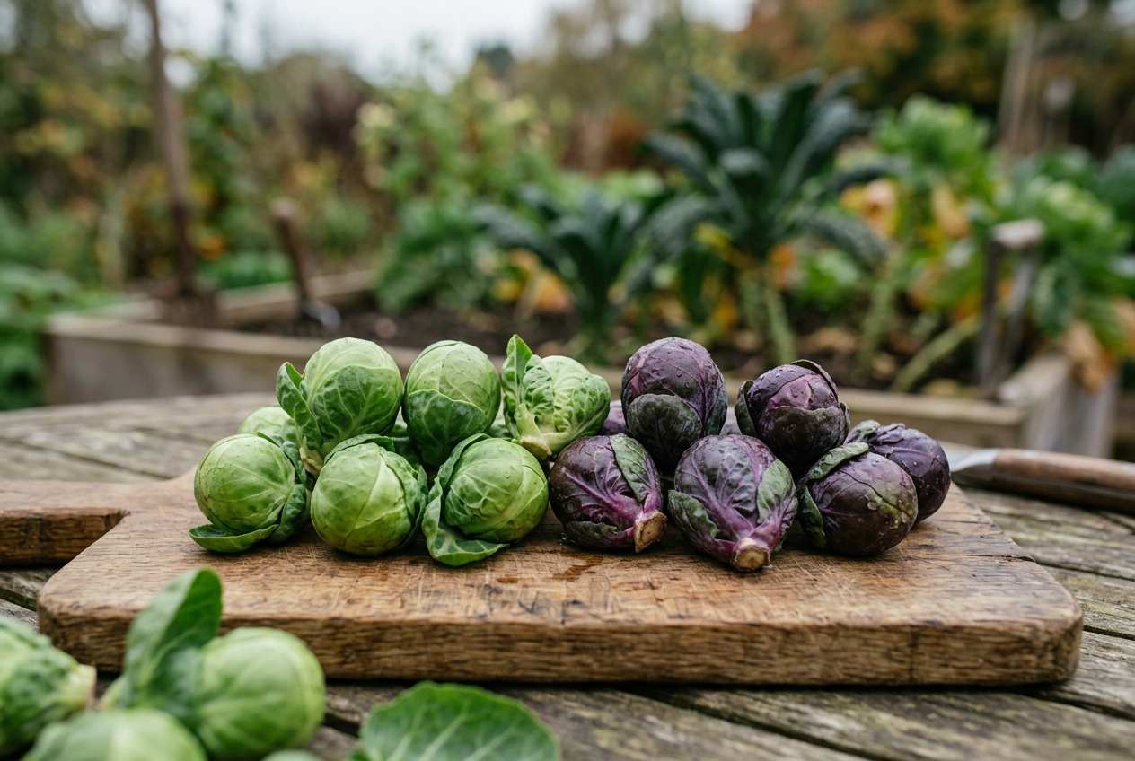 Frische Rosenkohlröschen in verschiedenen Grün- und Violetttönen auf einem Holzbrett im Garten