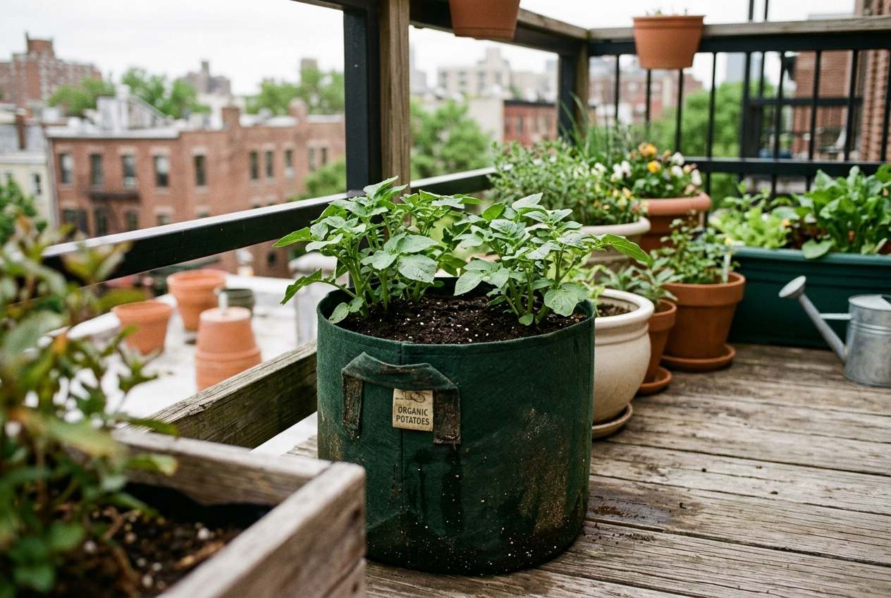 Ein dunkelgrüner Pflanzsack mit jungen Kartoffelpflanzen steht auf einem sonnigen Balkon neben anderen Pflanzgefäßen