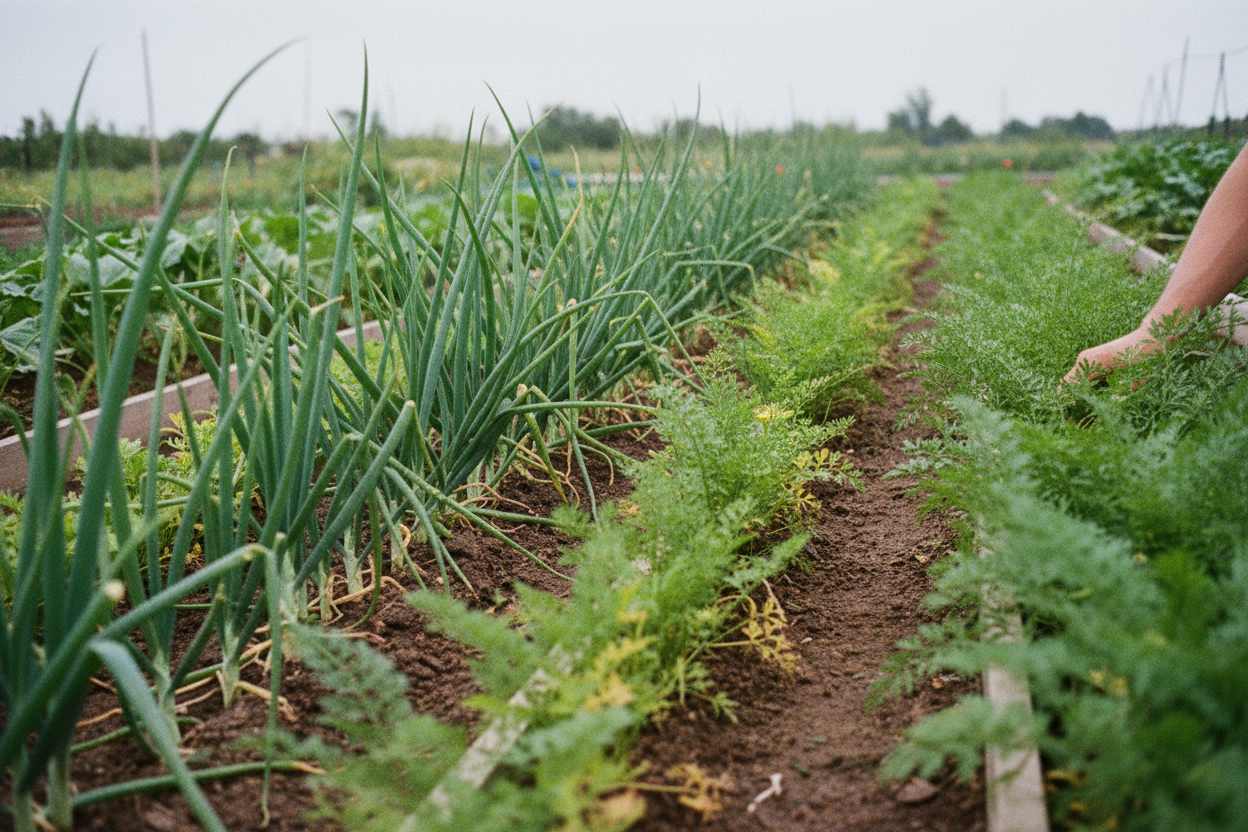 Abwechselnde Reihen von Zwiebelschlotten und Möhrengrün wachsen dicht nebeneinander in einem Gartenbeet