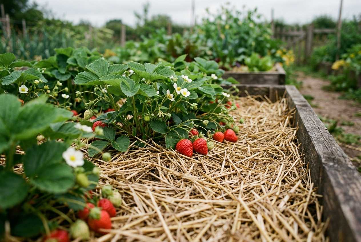 Reife Erdbeeren liegen sauber auf einer dicken Strohschicht zwischen grünen Blättern