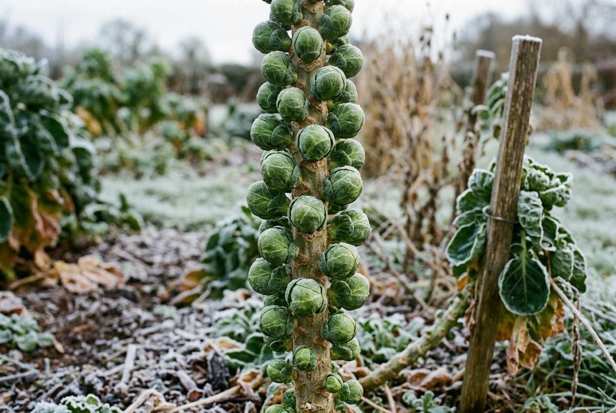 Spiralförmig gewachsene Rosenkohlröschen am dicken Stängel einer Pflanze im winterlichen Garten