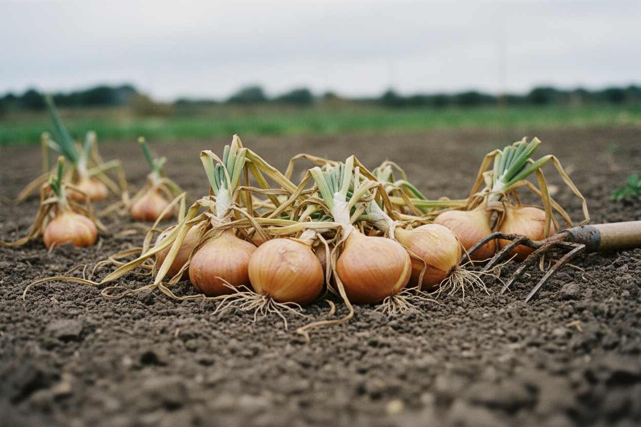 Frisch geerntete goldbraune Zwiebeln mit angetrocknetem Laub liegen zum Trocknen auf der Erde eines Gartenbeetes