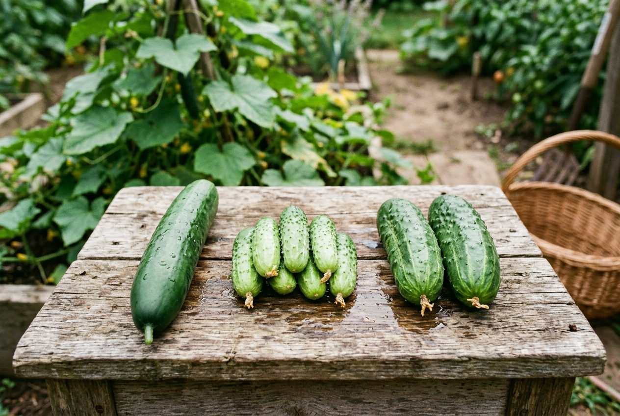Verschiedene Gurkensorten auf einem Holztisch: lange Schlangengurke, kurze Einlegegurken und robuste Landgurken