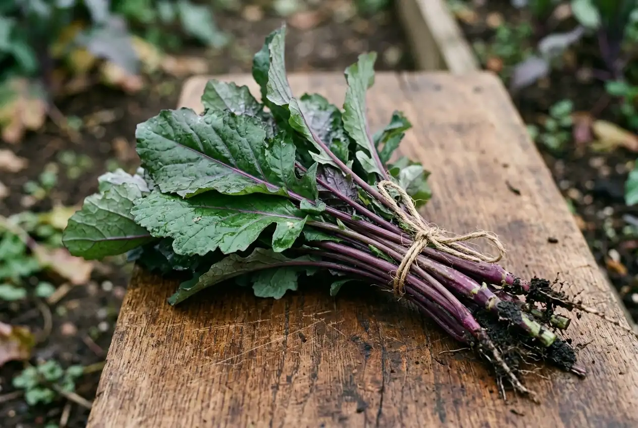 Ein Bündel frisch geernteter lila-grüner Abessinischer-Kohl-Blätter liegt auf einem Holzbrett