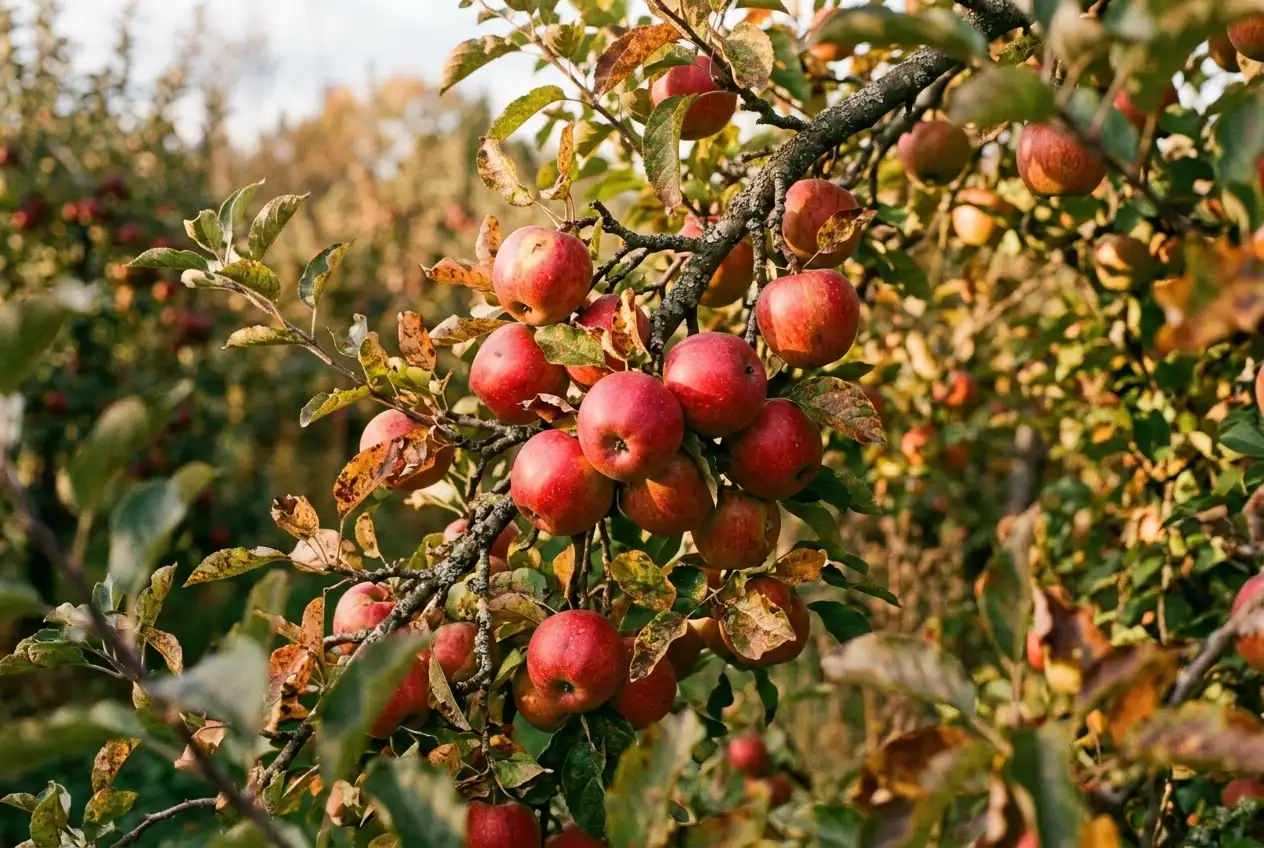Leuchtend rote reife Äpfel hängen dicht an den Ästen eines Apfelbaums in herbstlicher Lichtung
