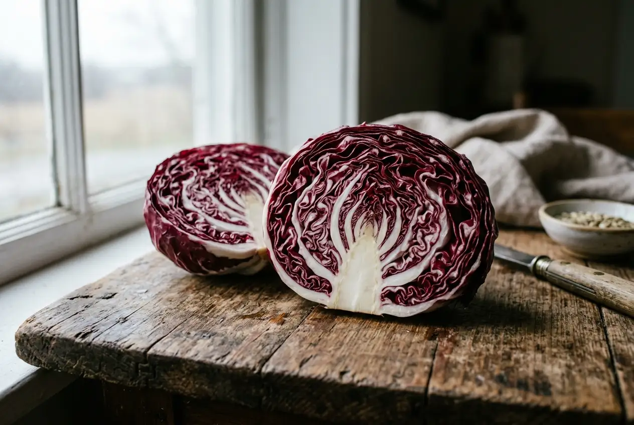 Aufgeschnittener Radicchio zeigt weiß-rote Musterung