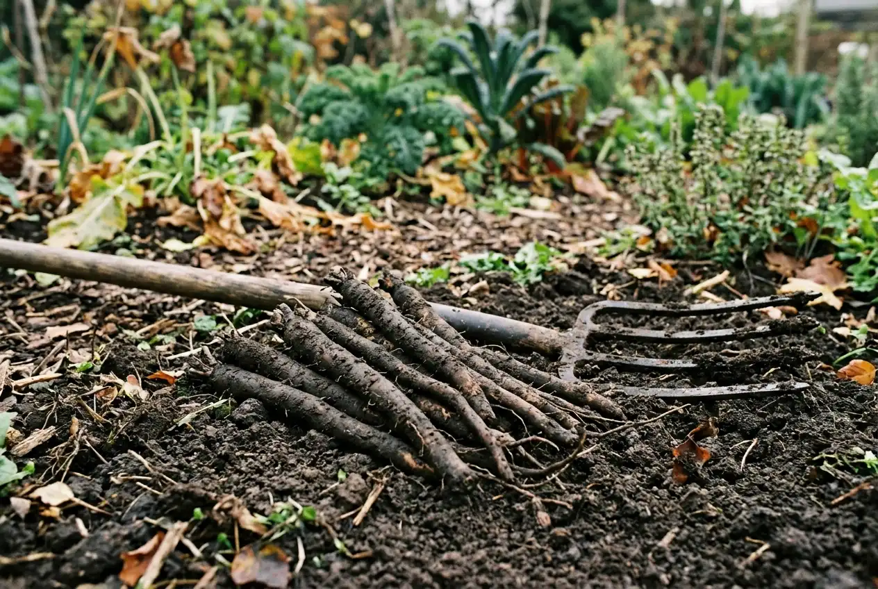 Lange dunkle Schwarzwurzeln liegen neben einer Grabegabel auf gelockerter Erde im Herbst