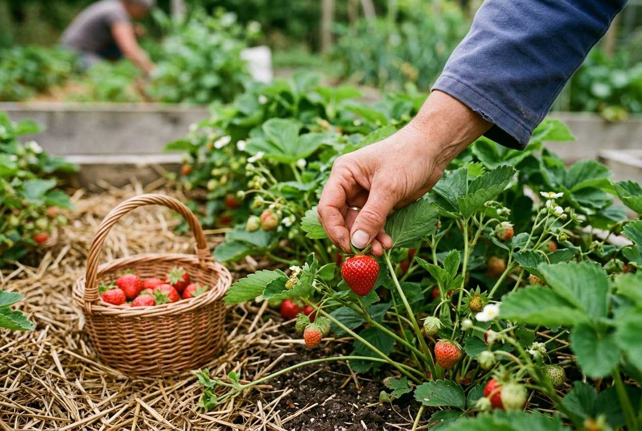 Hand pflückt eine reife rote Erdbeere am Kelch, daneben ein Korb voller frischer Erdbeeren