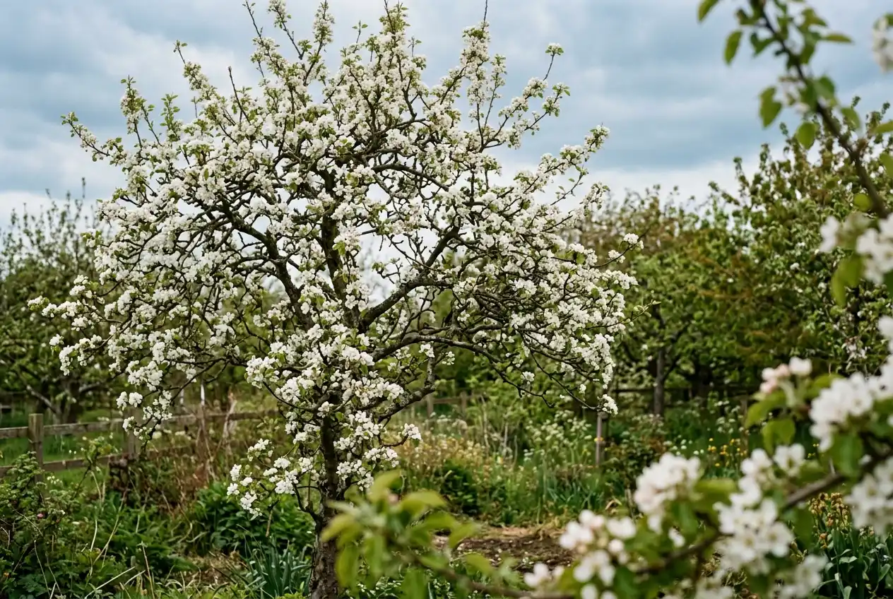 Birnbaum in voller Blüte im Frühling