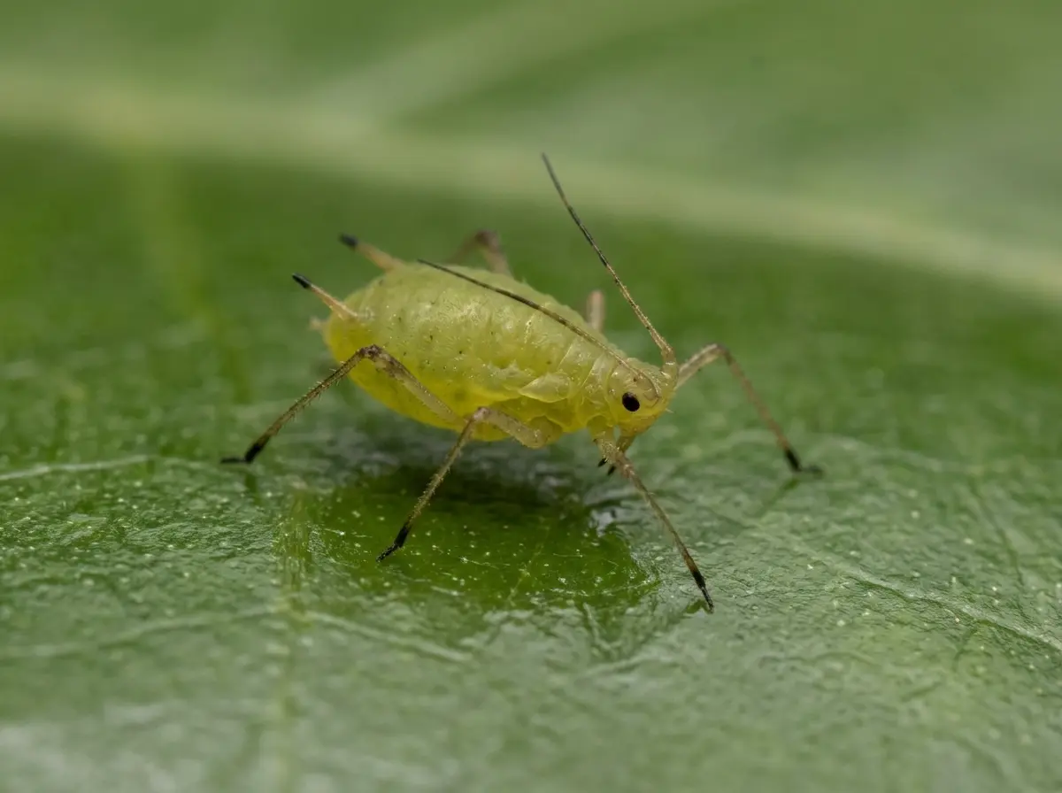 Grüne Blattläuse auf der Unterseite eines Blatts sitzend, erkennbar als kleine ovale Insekten