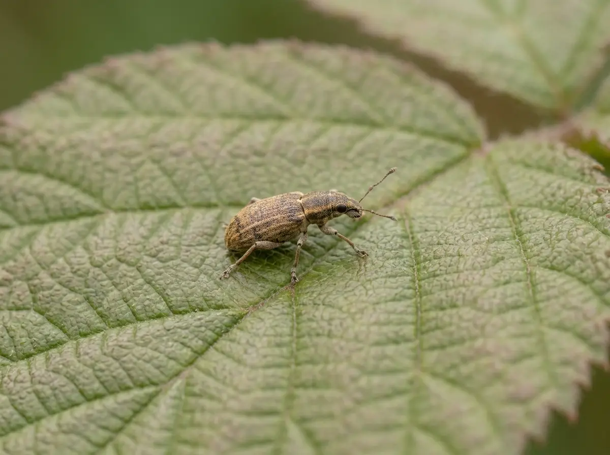 Graubrauner Blattrandkäfer mit sichtbaren Längsstreifen auf Flügeldecken, sitzt auf texturiertem Erbsenblatt