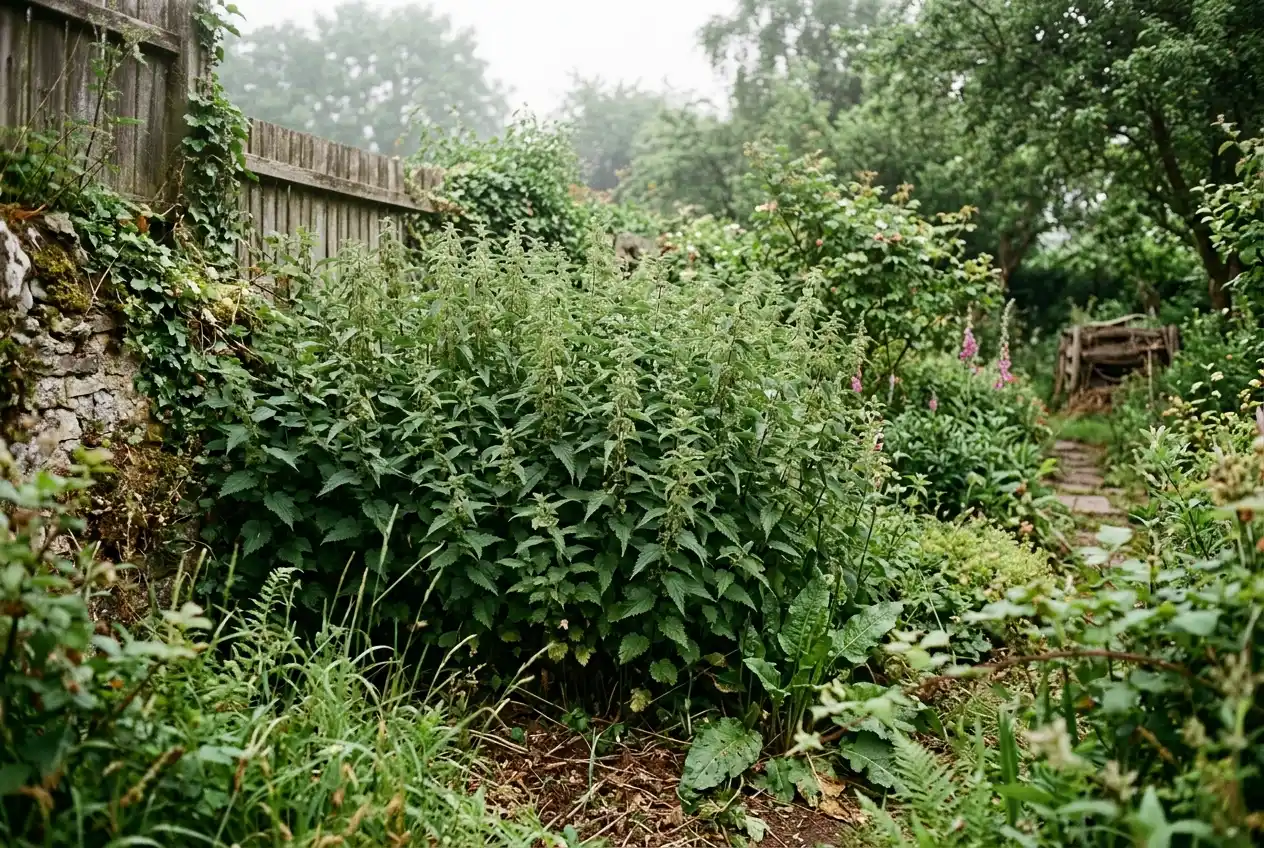 Dichter Bestand großer Brennnesseln in einer Gartenecke, kräftige Stängel mit breiten gezähnten Blättern