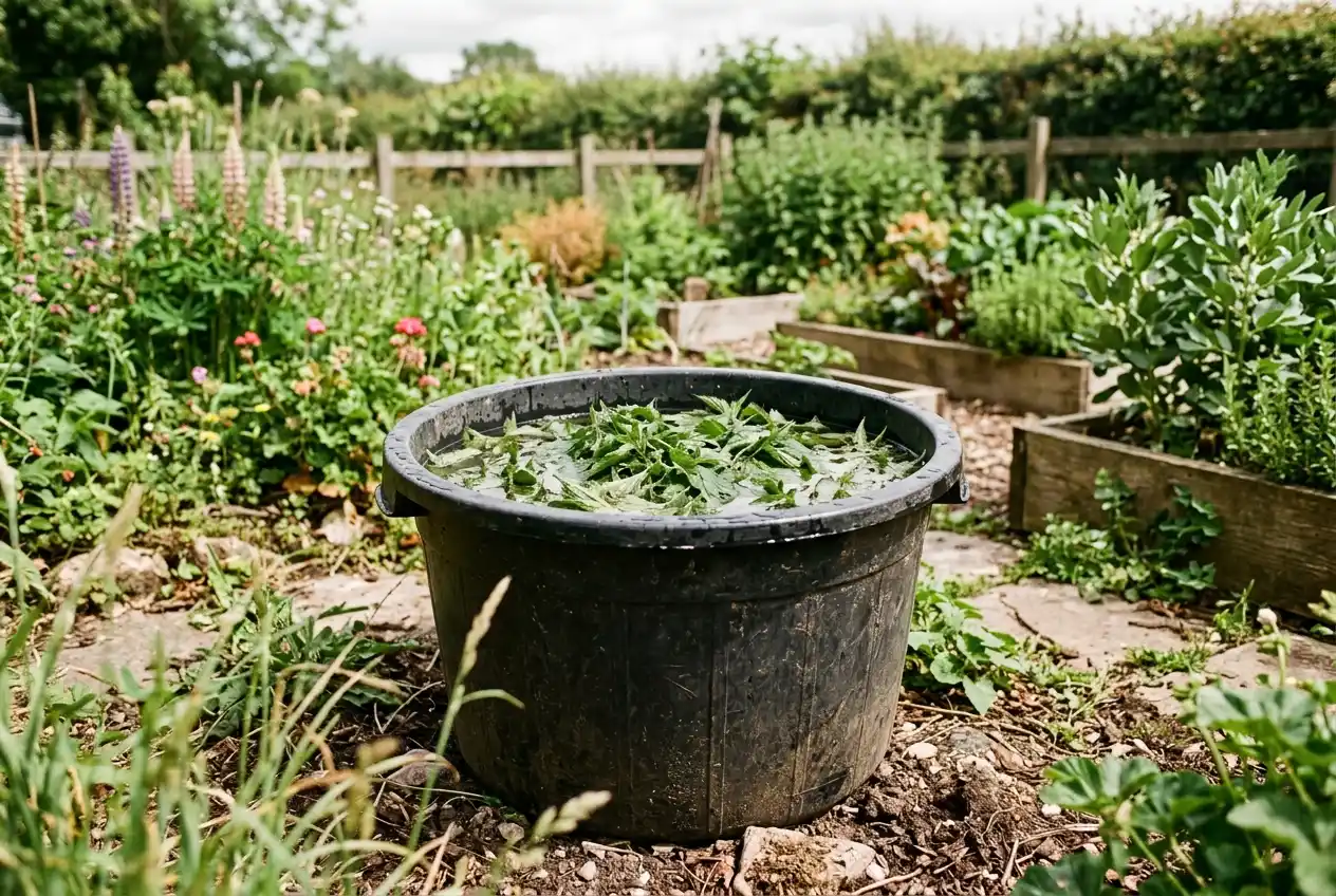 Großer dunkler Behälter gefüllt mit grünen Brennnesseln in Wasser, aufgestellt in einem sonnigen Gartenbereich
