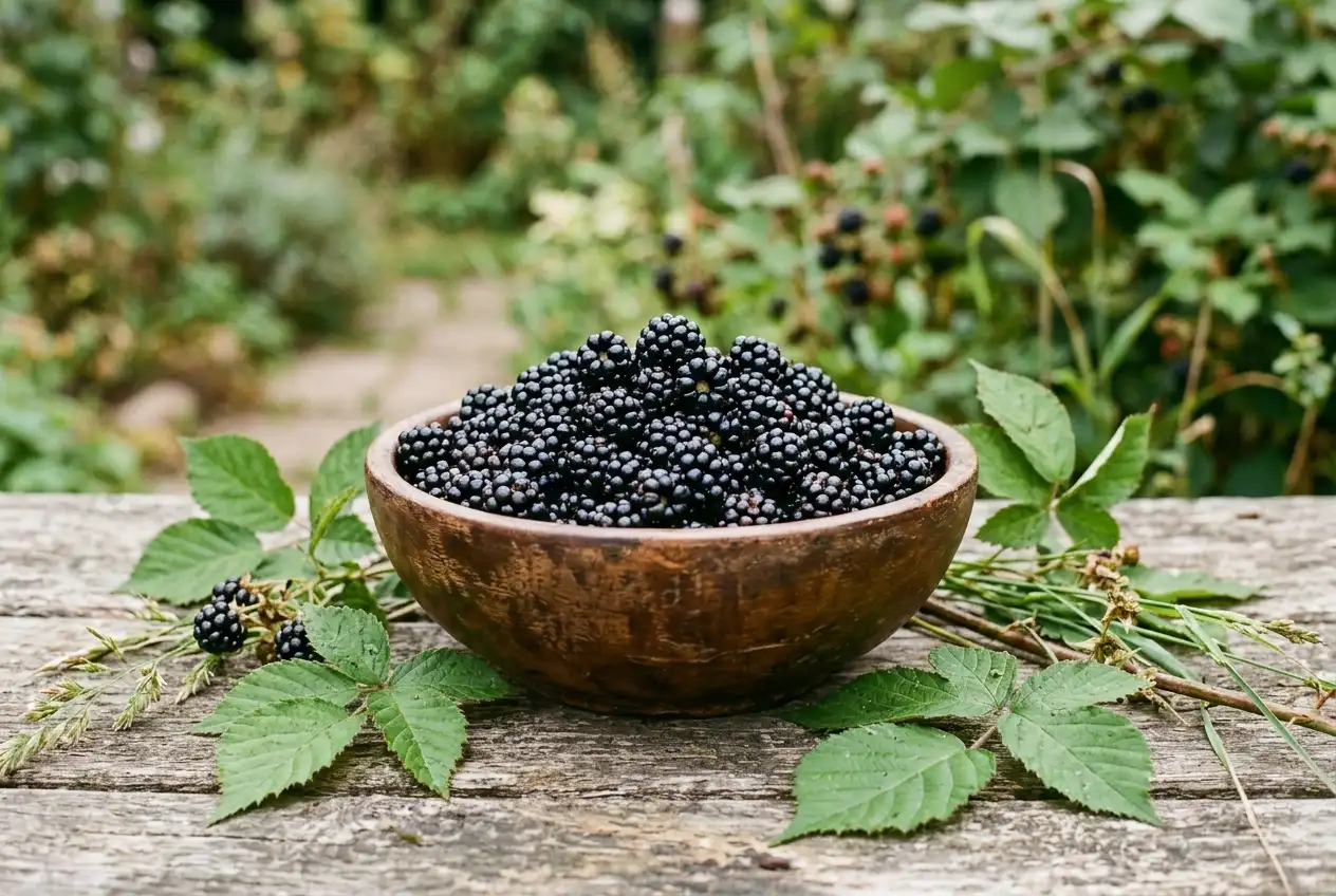 Frisch geerntete, blauschwarz glänzende Brombeeren gefüllt in einer rustikalen Holzschale, umgeben von grünen Blättern auf einem Gartentisch