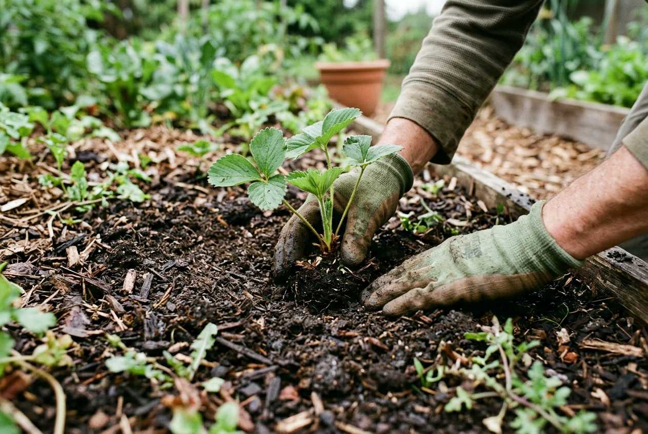 Hände setzen eine Erdbeerpflanze in vorbereitetes Beet mit feuchter Erde