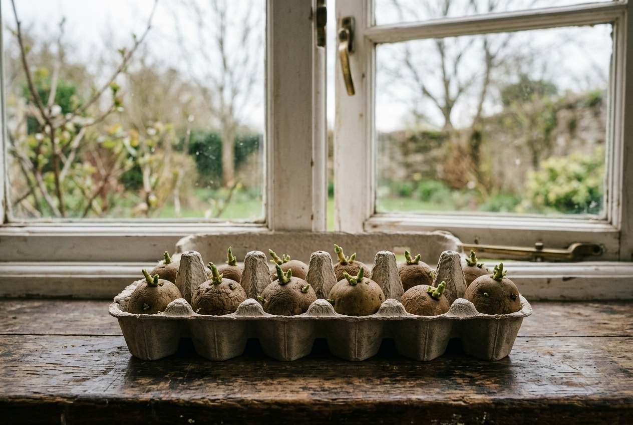 Mehrere Saatkartoffeln mit kurzen grünen Keimen liegen ordentlich aufgereiht in einem Eierkarton auf einer Fensterbank