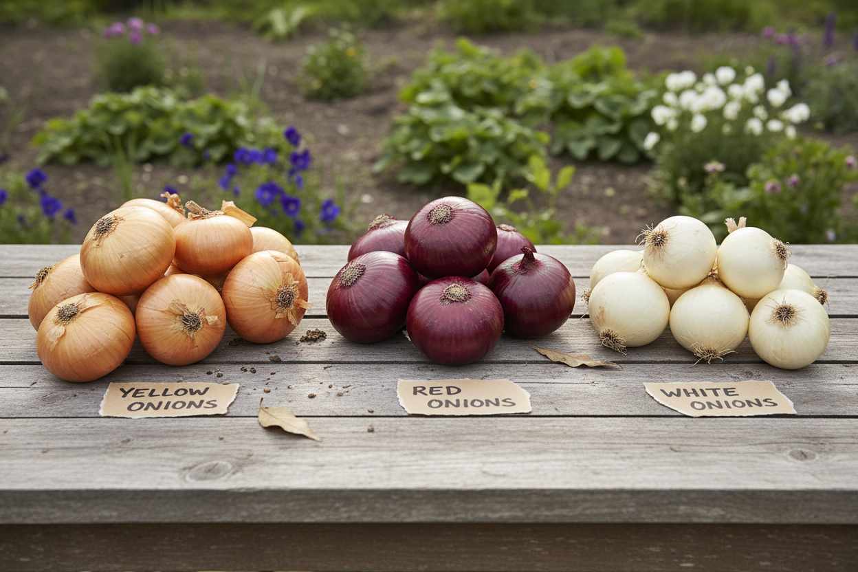 Gelbe, rote und weiße Zwiebelsorten liegen sortiert auf einem rustikalen Holztisch mit handgeschriebenen Schildern