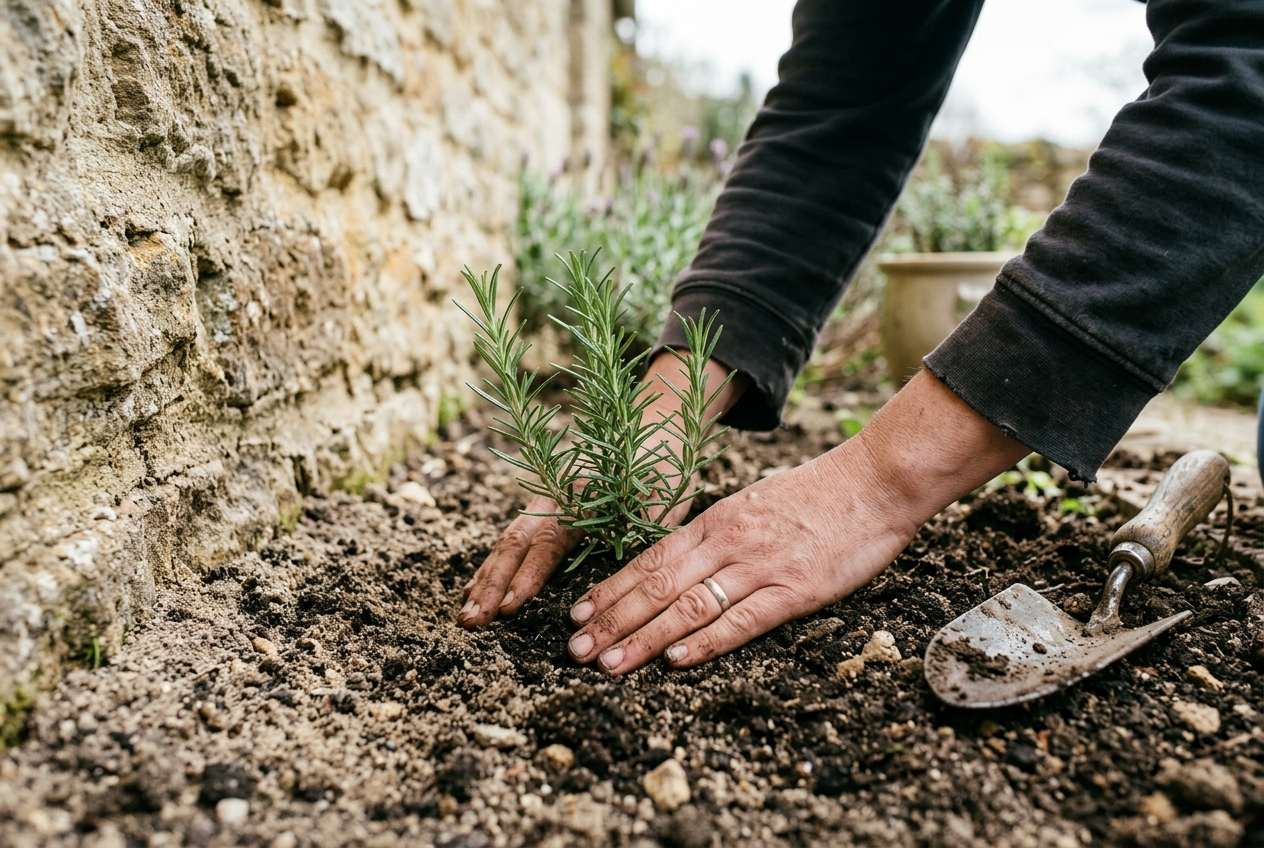 Hände setzen eine Rosmarinpflanze in durchlässige Erde neben einer warmen Steinmauer im Garten