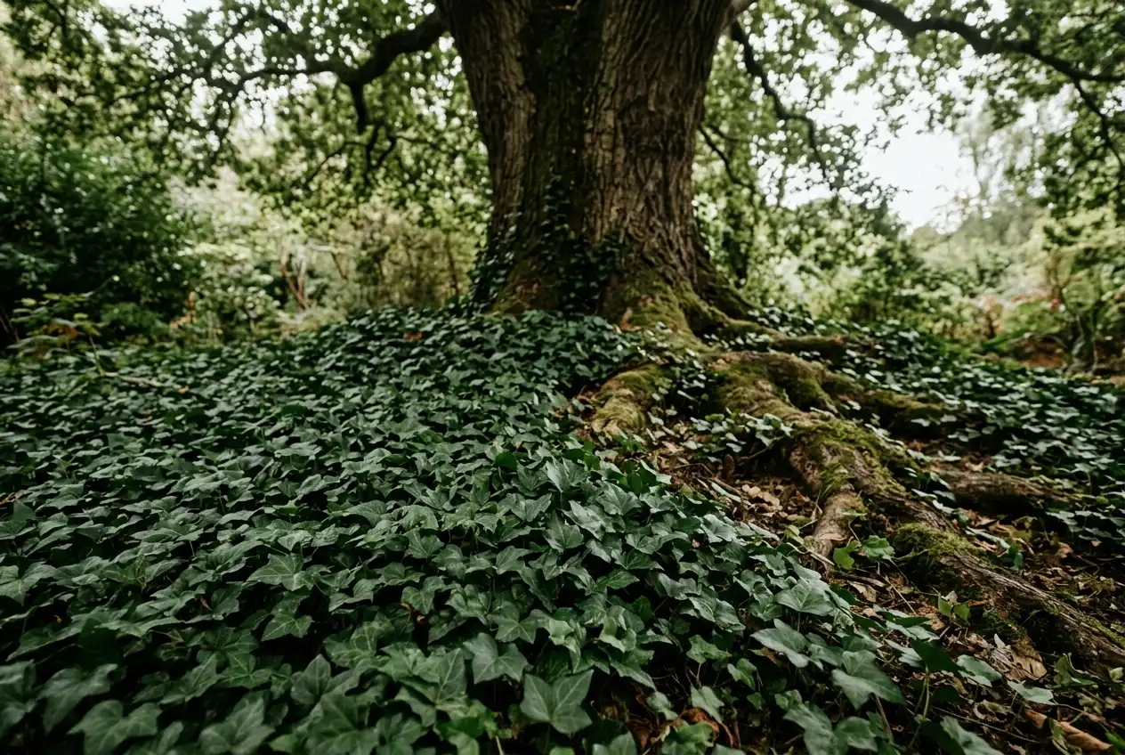 Dichter Efeu-Teppich bedeckt den schattigen Boden unter einem großen Laubbaum im Garten