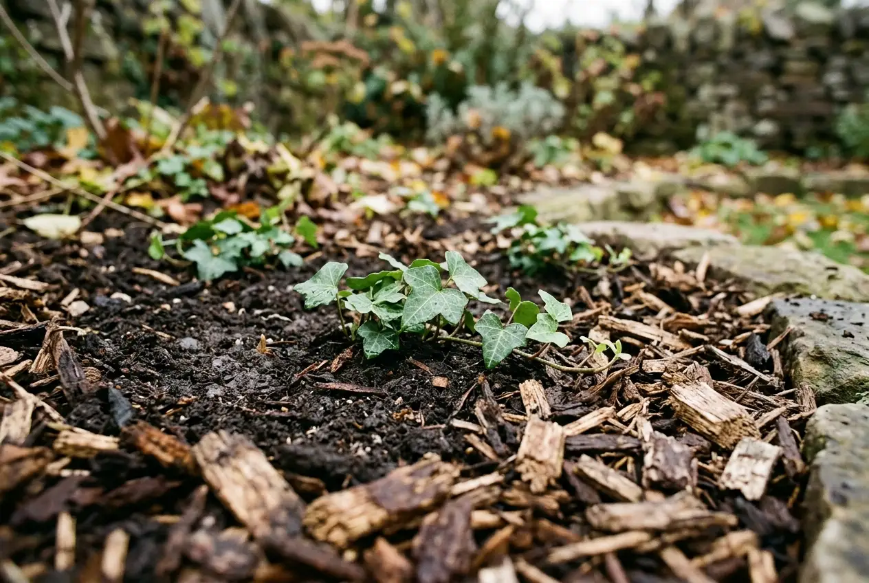 Junge Efeu-Setzlinge in lockerer Erde eines Gartenbeetes, umgeben von dunklem Rindenmulch, herbstliche Stimmung