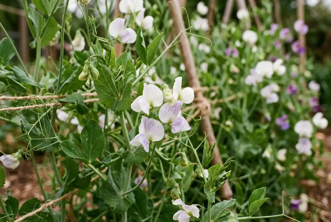 Zarte weiße Erbsenblüten in Nahaufnahme