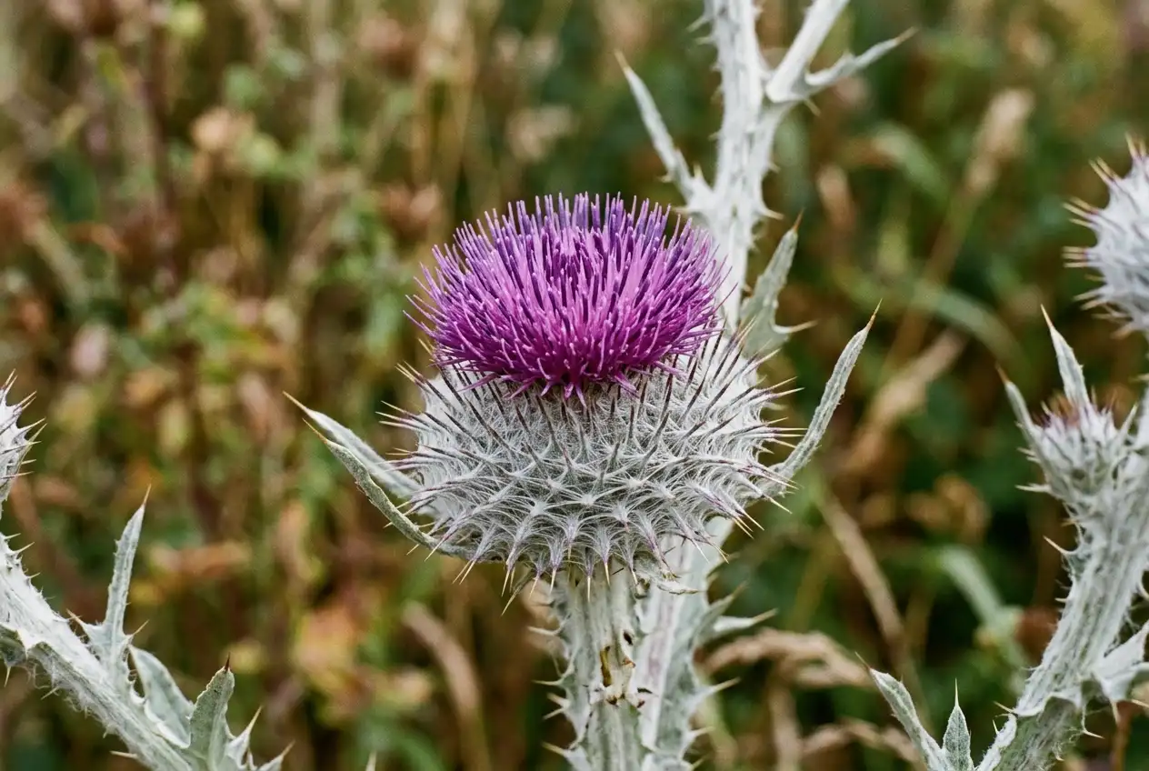 Imposante Eselsdistel mit purpurroter Blüte und weißen Stacheln