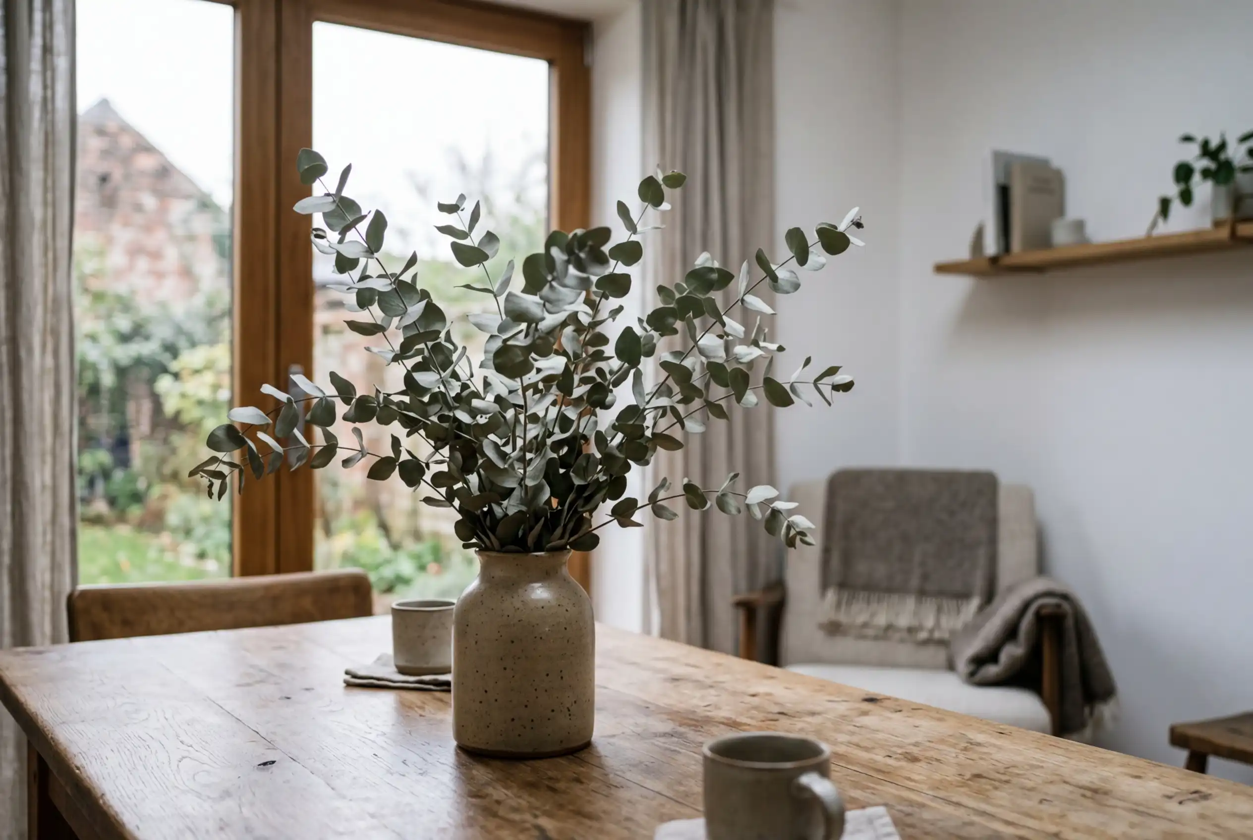 Getrocknete Eukalyptus-Zweige mit silbrigen Blättern stehen dekorativ in einer Keramikvase auf einem Holztisch