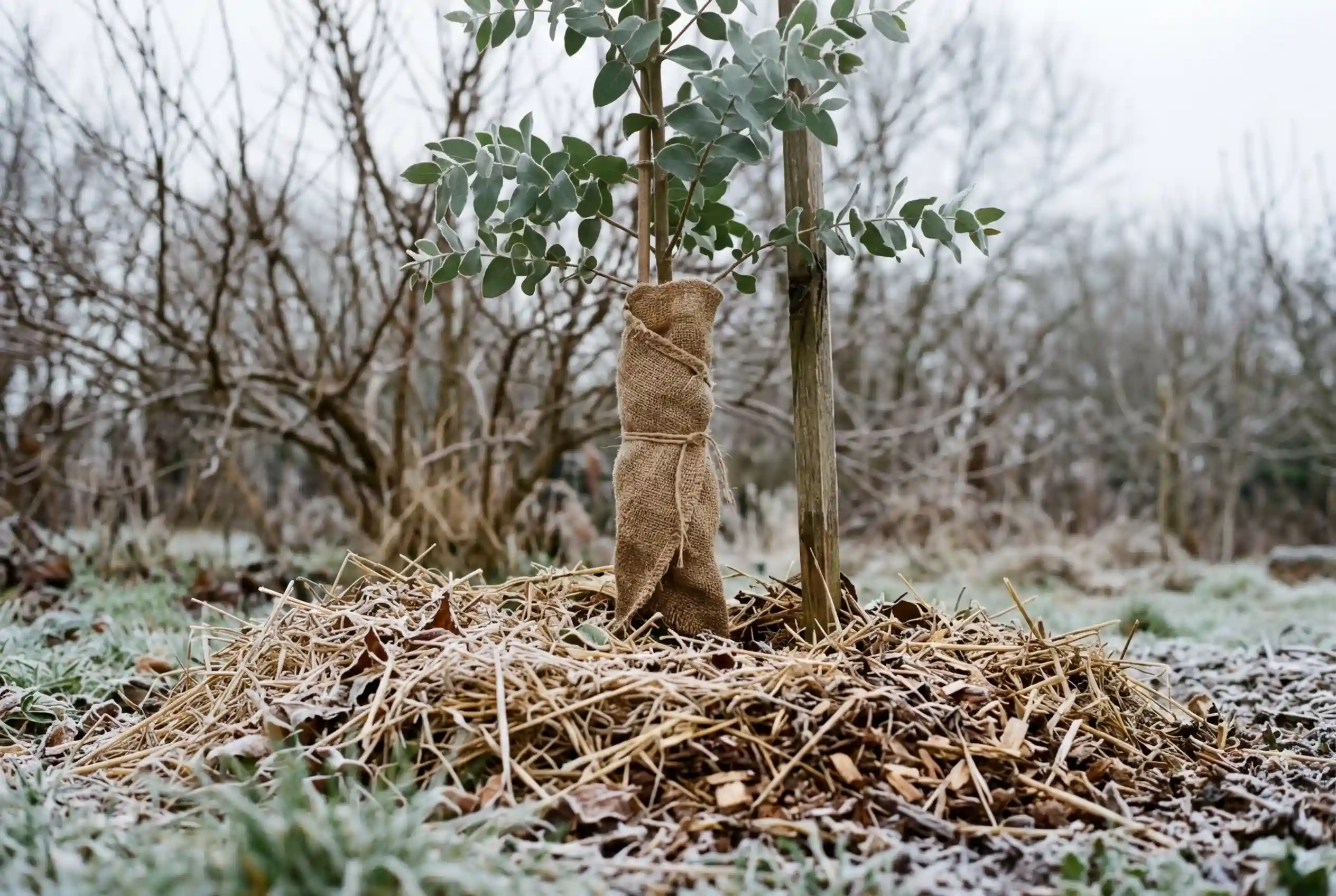 Ein junger Eukalyptus im Garten mit Juteschutz am Stamm und dicker Mulchschicht am Wurzelbereich im Winter