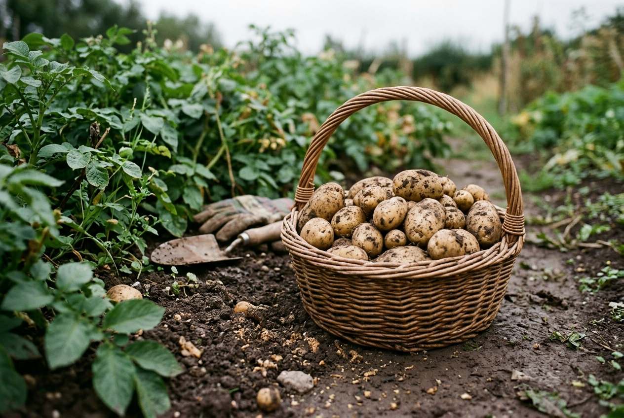 Ein geflochtener Korb voller frisch geernteter Kartoffeln verschiedener Größen steht auf der Erde neben einem Gartenbeet