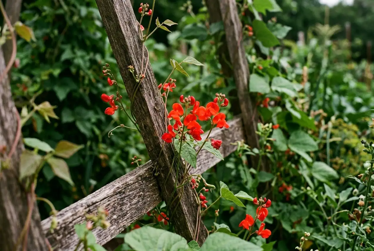 Leuchtend rote Feuerbohnenblüten ranken sich an einem Holzgerüst empor, umgeben von dichtem grünem Laub