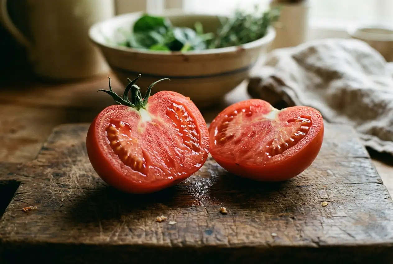 Quer aufgeschnittene Fleischtomate zeigt saftiges dichtes Fruchtfleisch mit wenig Kernen