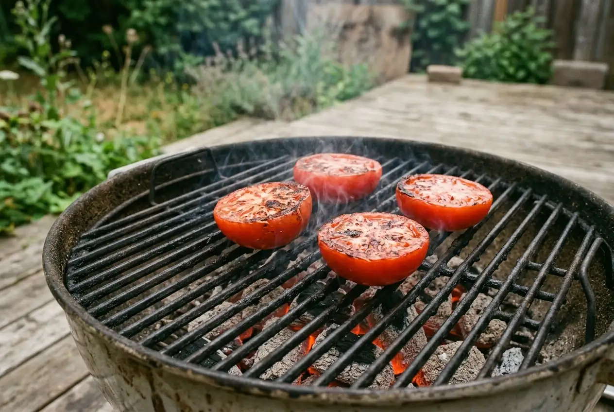 Halbierte Fleischtomaten grillen auf einem Holzkohlengrill im Sommergarten