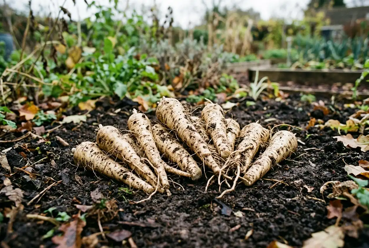 Mehrere frisch geerntete Chicorée-Wurzeln liegen nebeneinander auf dem Gartenboden, beige-weiß, 15-20 cm lang