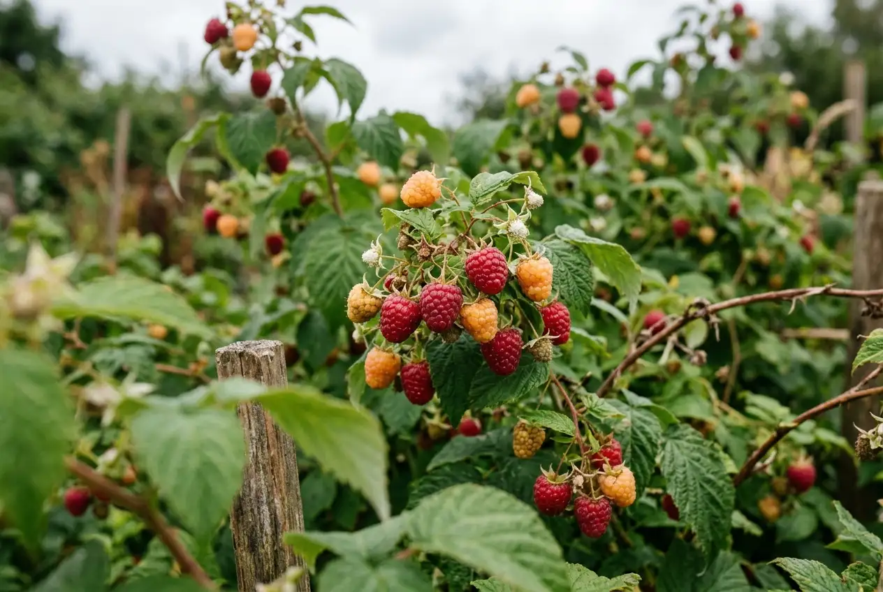 Rote und gelbe Himbeeren reifen gleichzeitig an Ruten in einem Gartenbeet