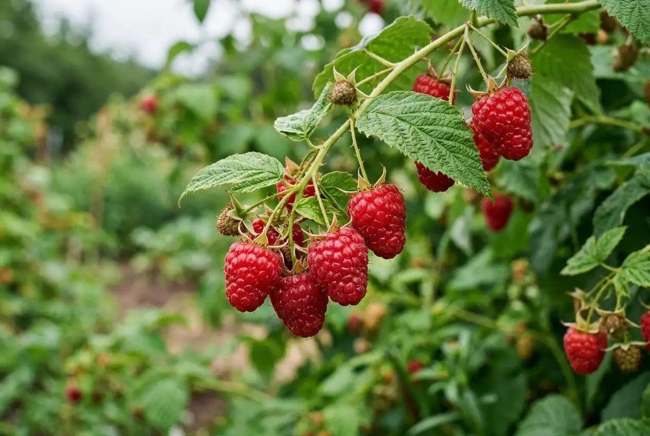 Leuchtend rote Himbeeren hängen reif an einer grünen Himbeerrute im Garten