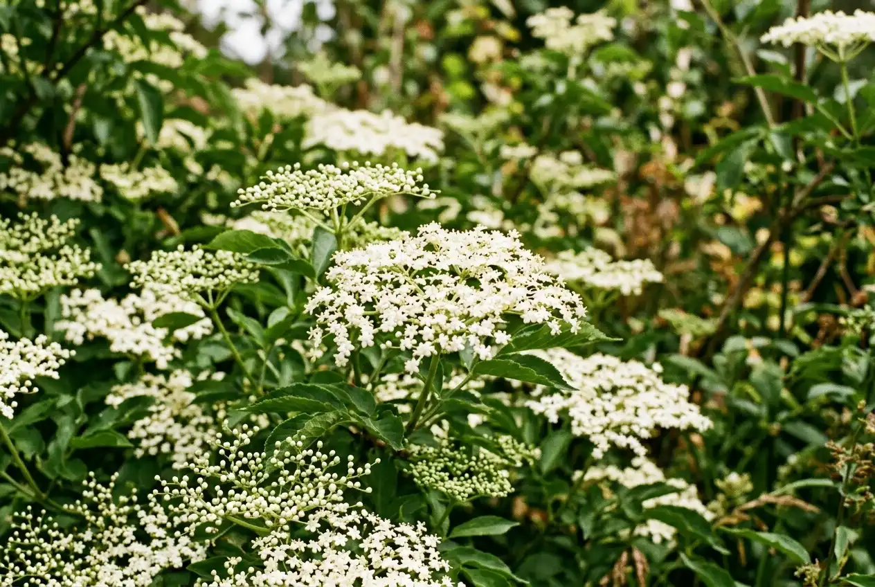 Schwarzer Holunder mit weißen Blütendolden in Vollblüte