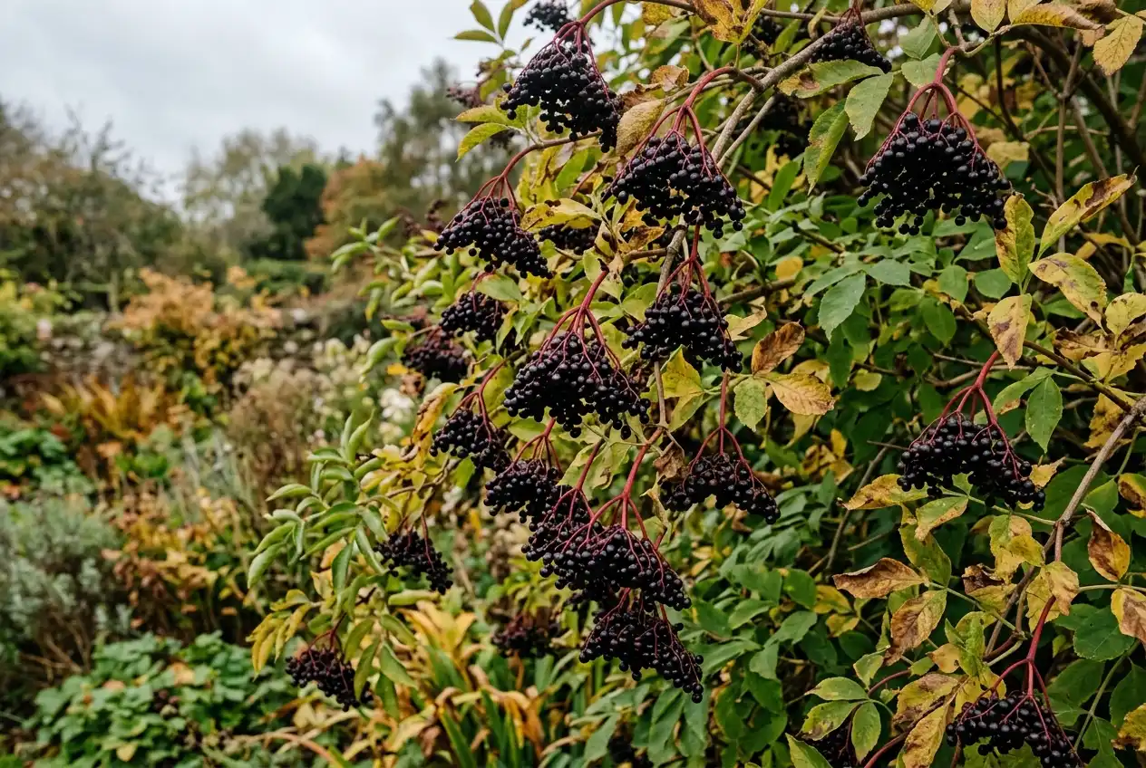 Dunkelviolette bis schwarze Holunderbeeren an Rispen kurz vor der Ernte