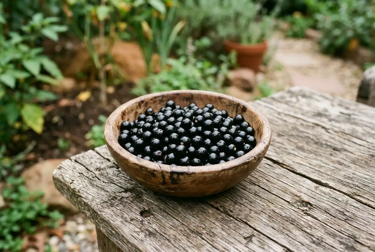 Frisch geerntete, glänzend schwarze Jaltomate-Beeren in einer kleinen Holzschale auf einem rustikalen Holztisch im Gartenlicht