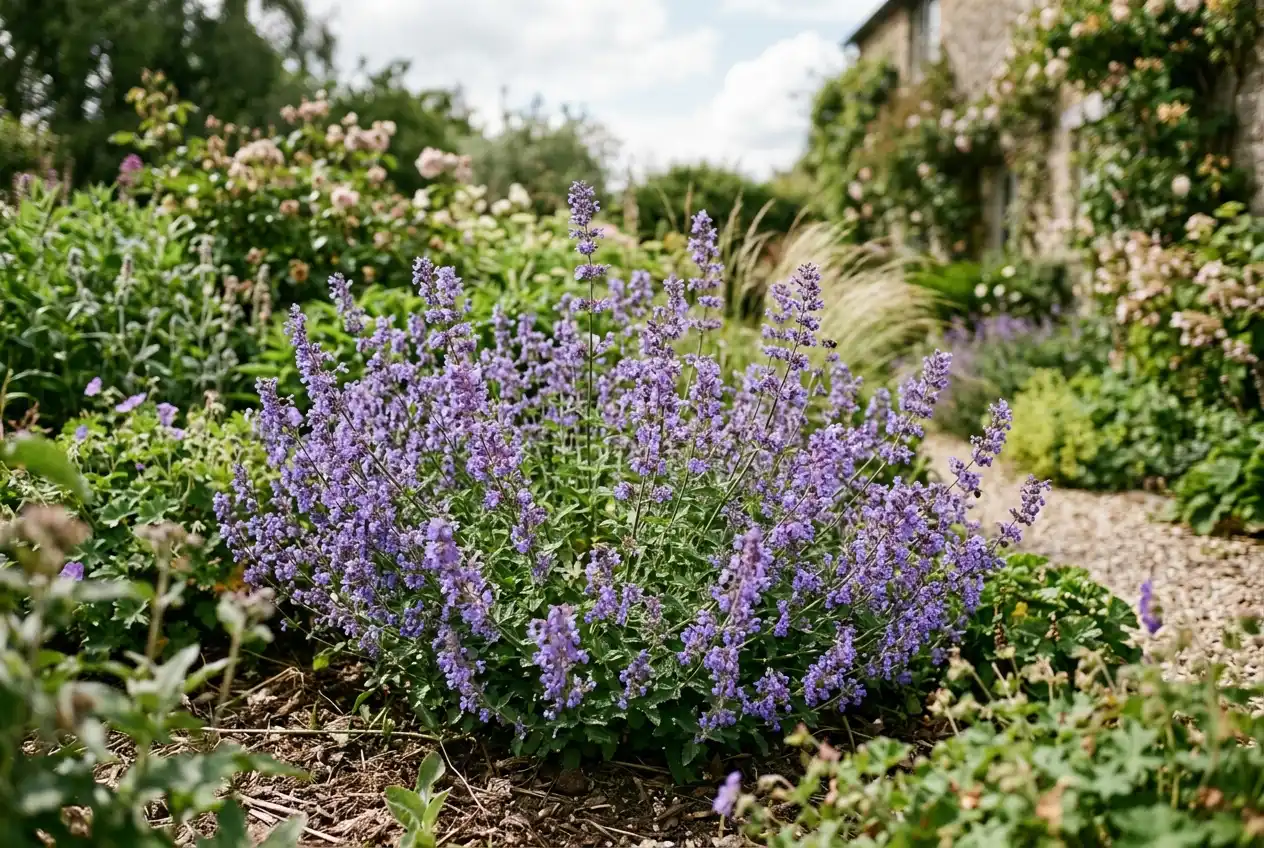 Dicht blühende Katzenminze mit violett-blauen Blütentrauben in einem sonnigen Staudenbeet