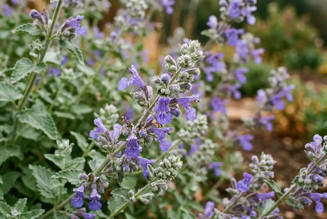 Nahaufnahme von Katzenminze-Blütenähren mit violetten Einzelblüten und noch geschlossenen Knospen