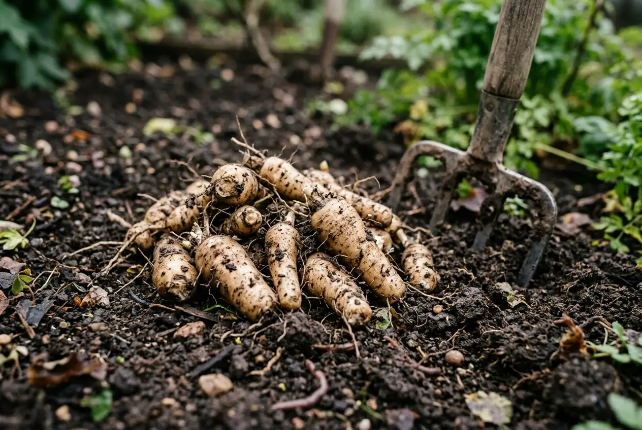 Frisch ausgegrabene Kerbelrüben mit hellbrauner Schale auf dunkler Erde
