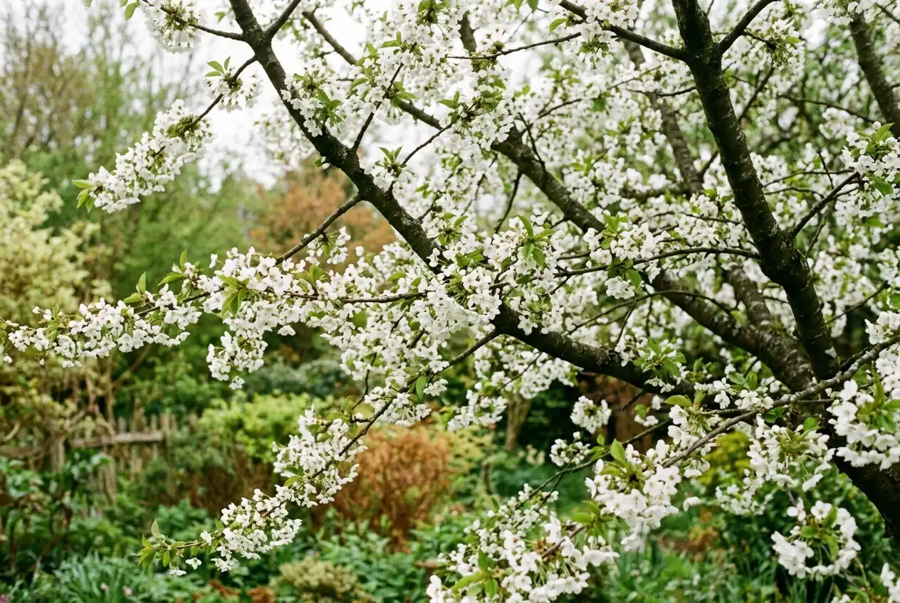 Üppige weiße Kirschblüten in voller Blüte an einem Zweig mit frischen grünen Blättern im Frühjahrslight