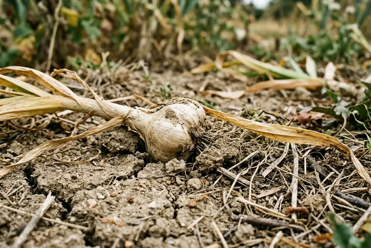 Eine reife Knoblauchknolle mit trocknem gelblichem Laub liegt halb aus der Gartenerde freigelegt, Sommerlicht