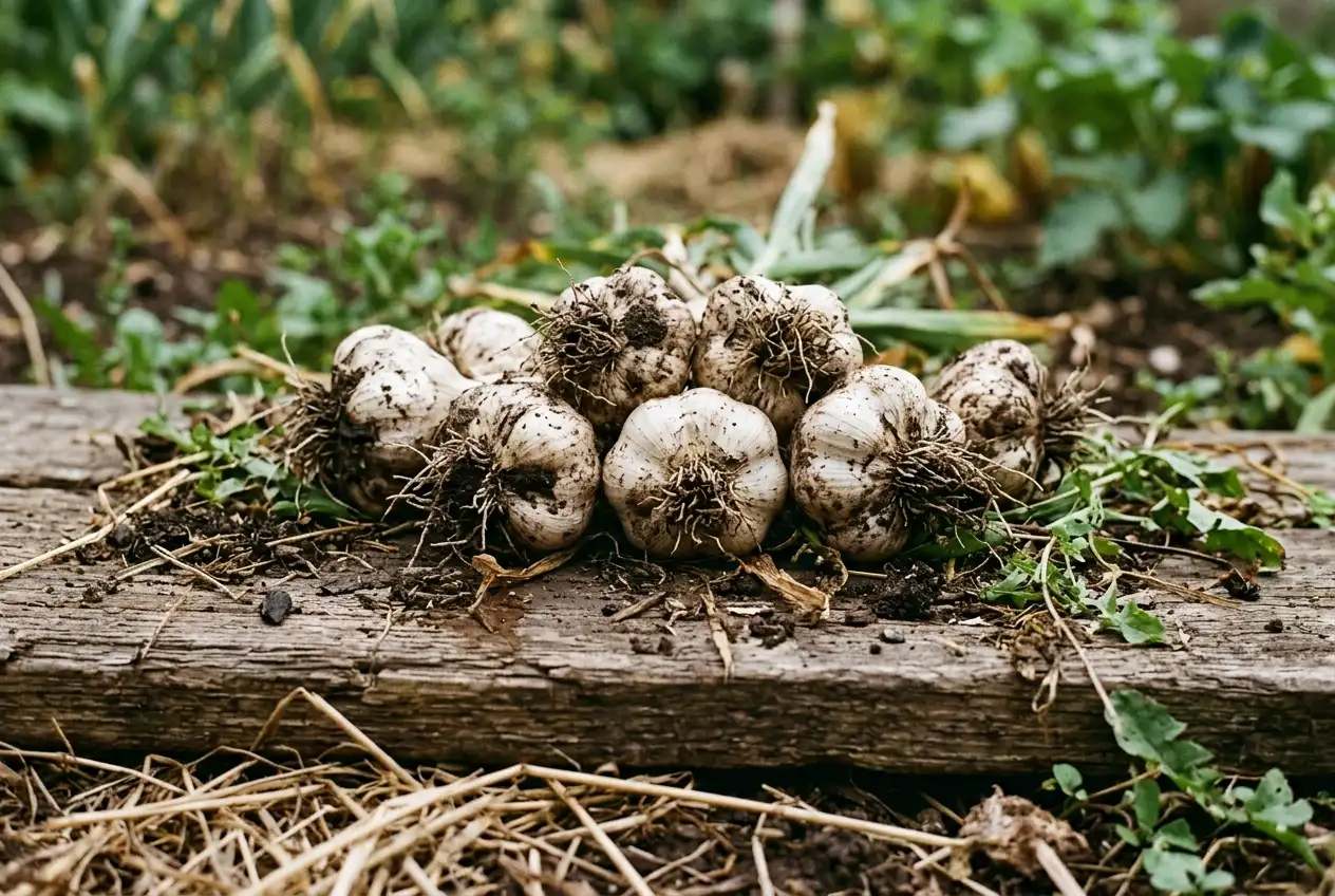 Mehrere frisch geerntete Knoblauchknollen mit leichter Gartenerde auf einem verwitterten Holzbrett im weichen Tageslicht