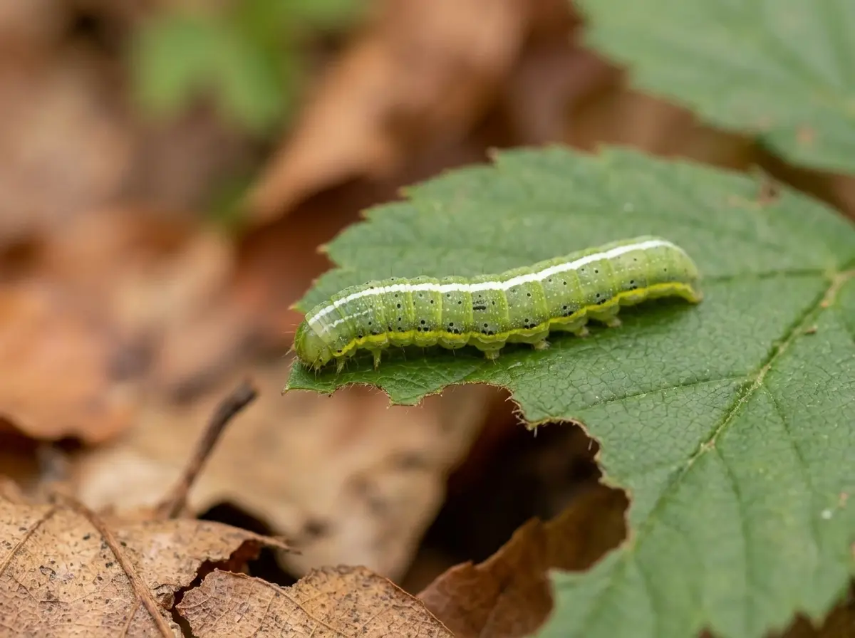 Grün-gelbe Kohlweißling-Raupe mit schwarzen Flecken auf einem stark angefressen Kohlblatt