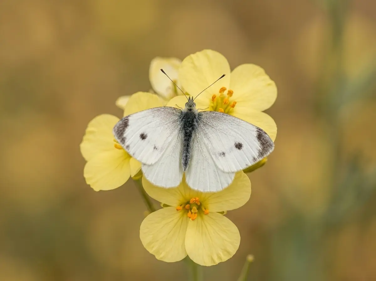 Kohlweißling-Schmetterling mit schwarz-grauen Flecken sitzt auf einem Kohlblatt