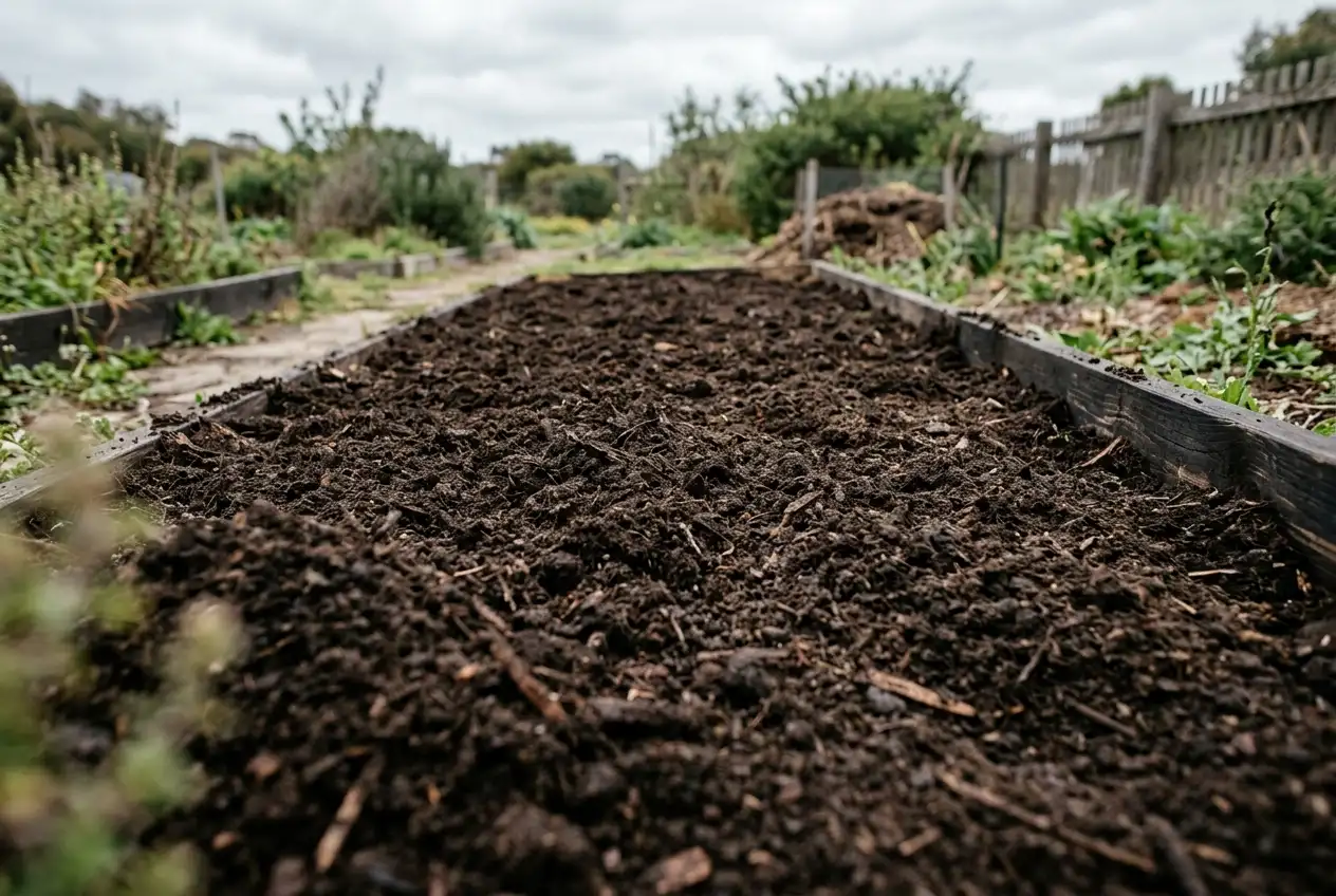 Dunkler Kompost auf Gartenbeet als Grunddüngung