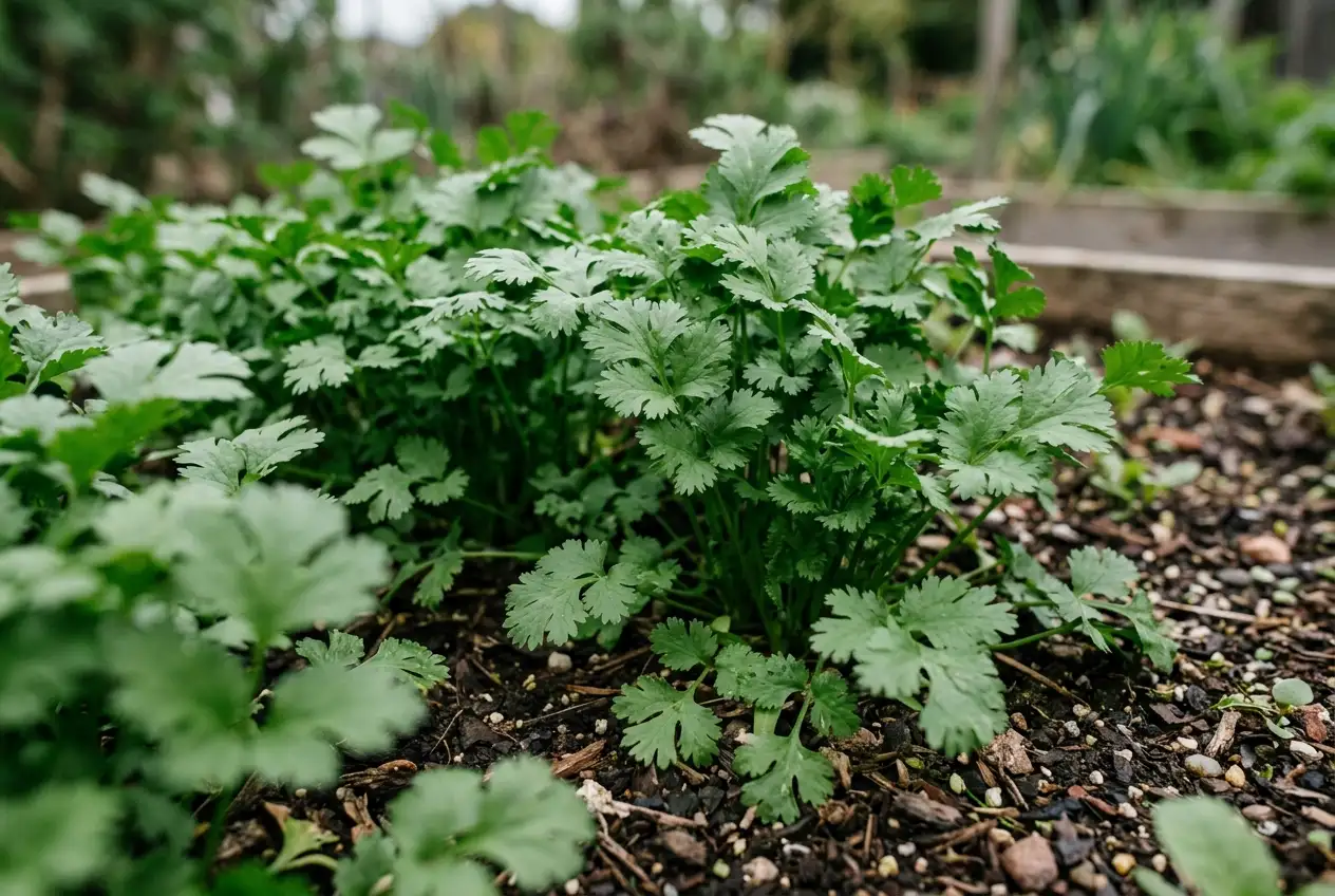 Frische Korianderblätter im Gartenbeet